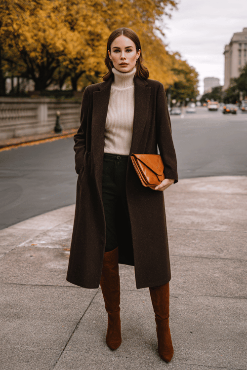 a curvy woman in a long tailored wool overcoat in rich dark camel over a fitted ribbed turtleneck in warm ivory and straight-leg dark trousers, paired with knee-high suede boots in warm brown