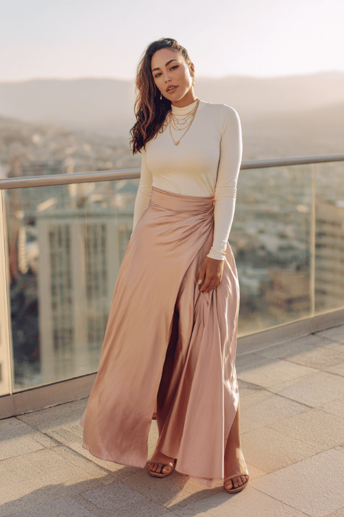 a curvy woman wearing a flowing floor-length silk wrap skirt in warm dusty rose paired with a fitted long-sleeve mock-neck top in soft ivory, minimalist leather sandals 