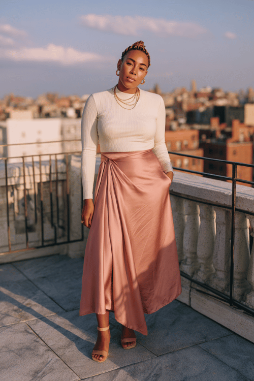 a curvy woman wearing a flowing floor-length silk wrap skirt in warm dusty rose paired with a fitted long-sleeve mock-neck top in soft ivory, minimalist leather sandals