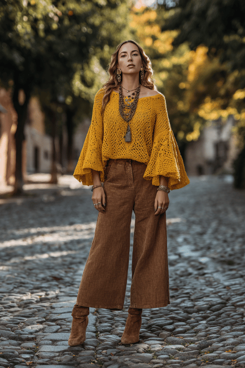 a curvy woman wearing a mustard yellow crochet top with billowing sleeves paired with wide-leg earth-tone linen trousers, suede ankle boots, and layered pendant necklaces