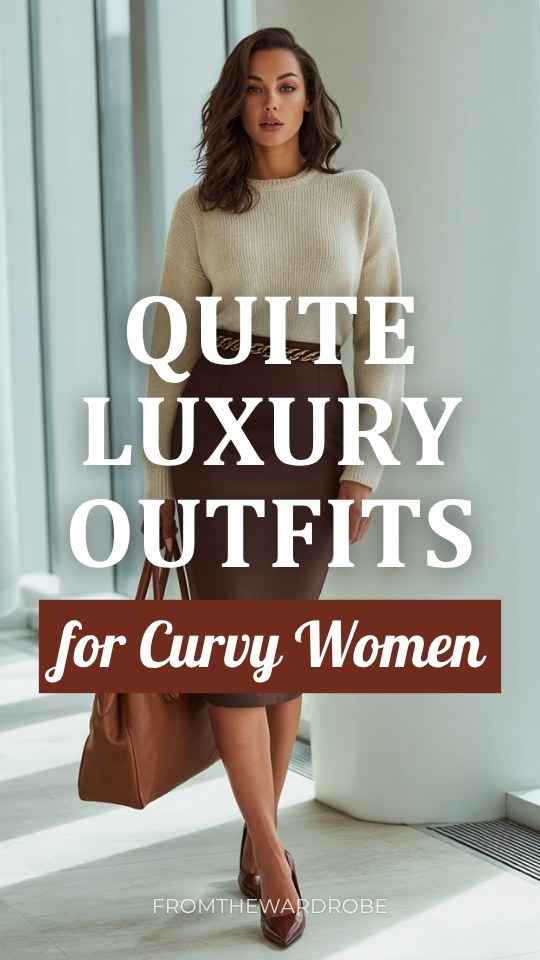 a curvy woman wearing a quite luxury outfit with a midi pencil skirt in warm dark espresso paired with a cashmere crewneck sweater in soft oatmeal