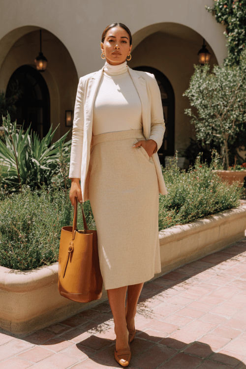a curvy woman wearing a tailored A-line midi skirt in warm oatmeal linen paired with a fitted cashmere turtleneck in soft ivory, accessorized with delicate gold hoop earrings
