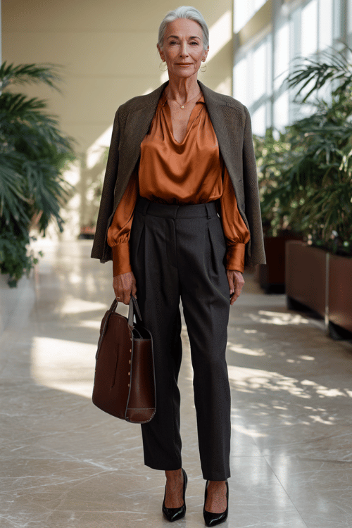 a graceful mature woman with cropped silver hair dressed in a warm copper-toned satin blouse with elegant draping tucked into high-waisted tailored trousers in deep charcoal 