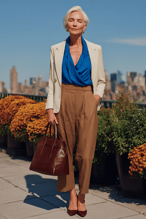 a graceful mature woman with short white hair wearing a bold cobalt blue wrap blouse tucked into high-waisted tailored trousers in warm stone beige
