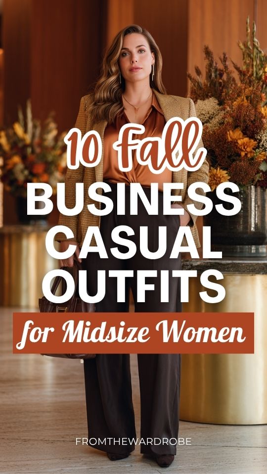 a midsize woman dressed in a fall business casual outfit with a warm copper-toned satin blouse tucked into trousers in deep charcoal, and a blazer