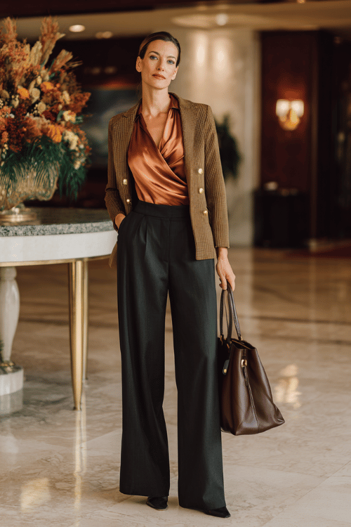 a midsize woman dressed in a warm copper-toned satin blouse with elegant draping tucked into high-waisted wide-leg trousers in deep charcoal, layered with a fitted camel blazer