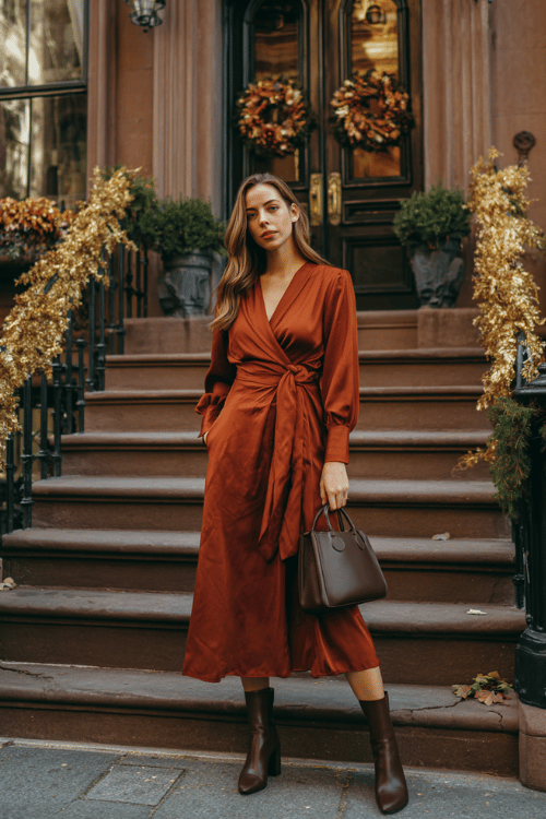 a midsize woman in a bold burnt sienna long-sleeve wrap dress with a flattering cinched waist and flowing midi skirt, paired with block-heel ankle boots in dark tan leather and a structured handbag