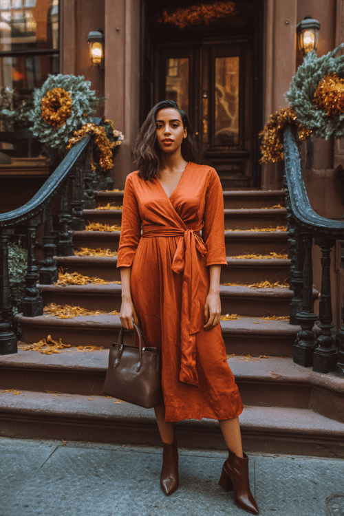 a midsize woman in a bold burnt sienna long-sleeve wrap dress with a flattering cinched waist and flowing midi skirt, paired with block-heel ankle boots