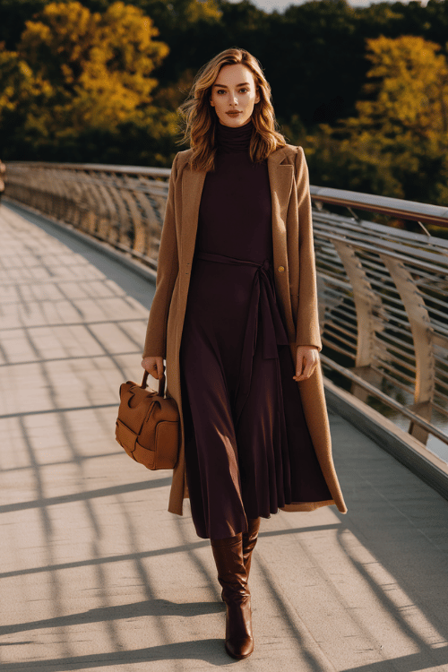 a midsize woman in a deep plum long-sleeve turtleneck dress with a defined waist and flowing A-line midi skirt, layered with a longline camel overcoat, wearing knee-high boots