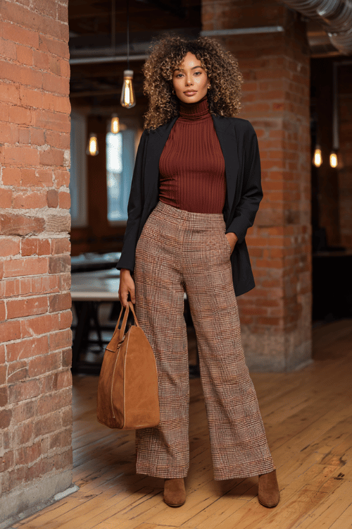 a midsize woman in a rich mahogany ribbed turtleneck tucked into wide-leg trousers in a bold rust and camel plaid print, layered with a longline black blazer, finished with over-the-knee boots