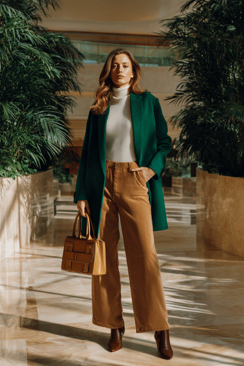 a midsize woman wearing a rich emerald green wrap blazer over a soft ivory turtleneck tucked into tailored wide-leg trousers in warm caramel, finished with pointed-toe ankle boots