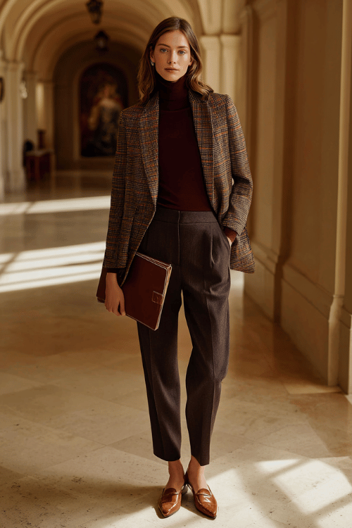 a midsize woman wearing a tailored windowpane blazer in charcoal and ivory over a deep burgundy fitted turtleneck, paired with straight-leg dark wash trousers and pointed-toe loafers 