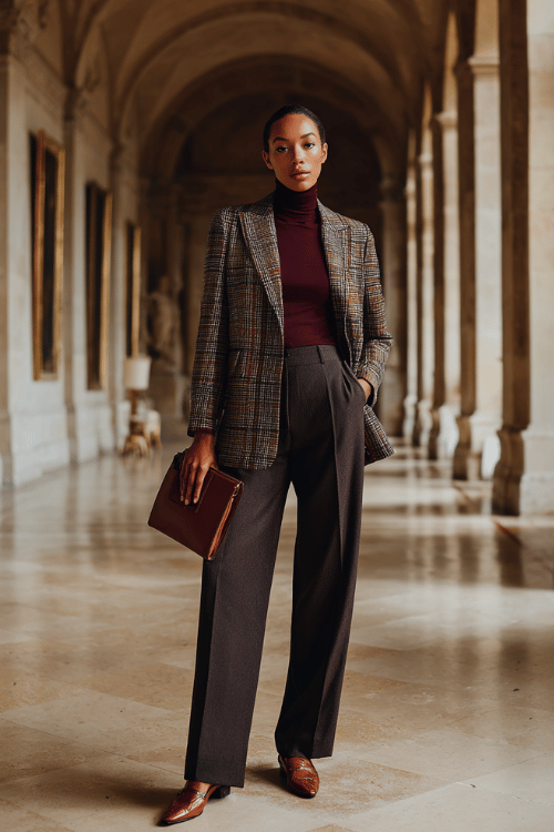 a midsize woman wearing a tailored windowpane blazer in charcoal and ivory over a deep burgundy fitted turtleneck, paired with straight-leg dark wash trousers and pointed-toe loafers