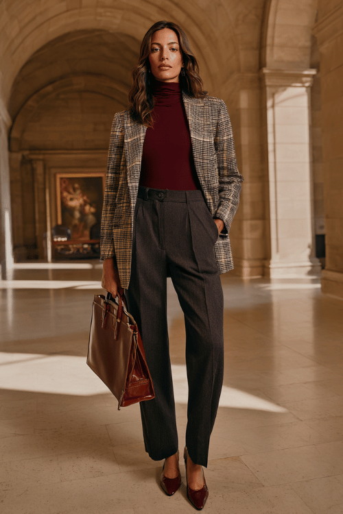 a midsize woman wearing a tailored windowpane blazer in charcoal and ivory over a deep burgundy fitted turtleneck, paired with straight-leg dark wash trousers