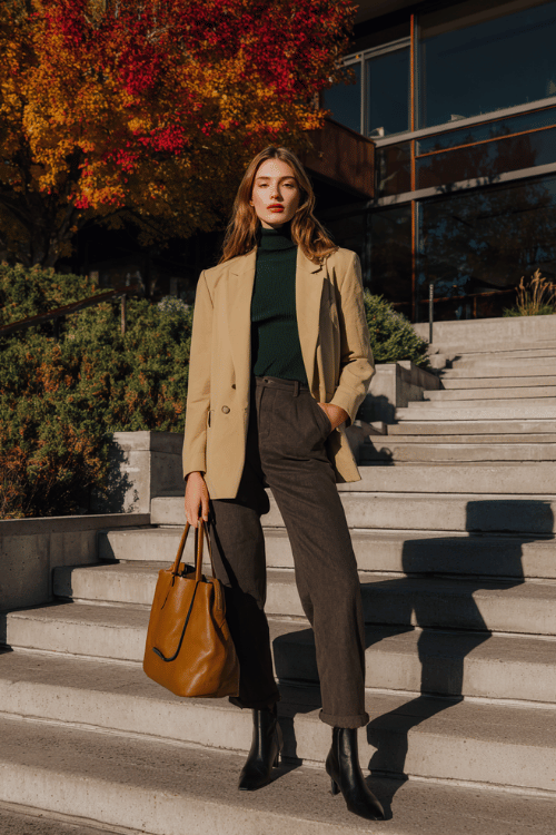 a midsize woman wearing an oversized camel blazer belted at the waist over a deep forest green fitted turtleneck and straight-leg dark trousers, finished with pointed-toe ankle boots