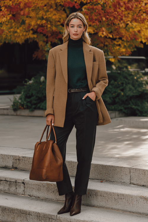 a midsize woman wearing an oversized camel blazer belted at the waist over a deep forest green fitted turtleneck and straight-leg dark trousers, finished with pointed-toe ankle boots