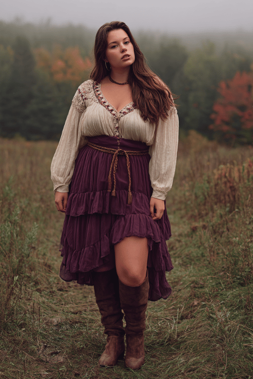 a plus-size model in a plum-toned tiered chiffon skirt paired with an embroidered peasant top in warm ivory, belted with a braided leather strap, wearing knee-high suede boots