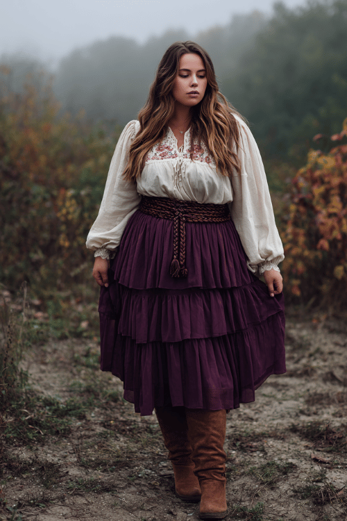 a plus-size model in a plum-toned tiered chiffon skirt paired with an embroidered peasant top in warm ivory, belted with a braided leather strap, wearing knee-high suede boots