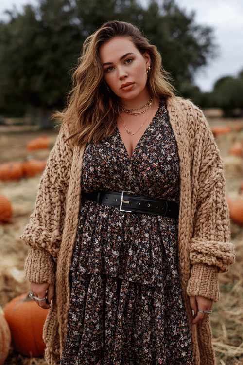 a plus-size model in an oversized chunky knit cardigan in camel tones layered over a dark floral midi dress with tiered hem, accessorized with a leather belt and stack of silver rings