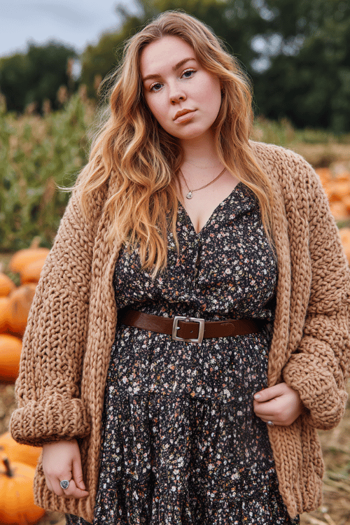 a plus-size model in an oversized chunky knit cardigan in camel tones layered over a dark floral midi dress with tiered hem, accessorized with a leather belt and stack of silver rings