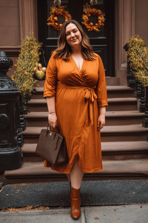 a plus-size woman in a bold burnt sienna long-sleeve wrap dress with an elegantly cinched waist and flowing midi skirt, paired with comfortable block-heel ankle boots