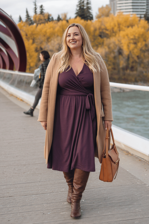 a plus-size woman in a deep plum long-sleeve wrap midi dress with a flattering defined waist and flowing skirt, layered with a longline camel overcoat with structured lapels 