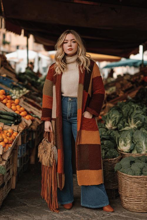 a plus-size woman in a long patchwork boho coat in warm browns and terracotta over a simple cream ribbed turtleneck and flared jeans, fringe bag on her arm