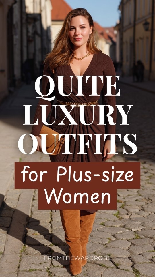 a plus-size woman in a quite luxury outfit with a flowing long-sleeve midi wrap dress in deep chocolate brown ribbed knit, accessorized with a thin gold chain belt at the waist