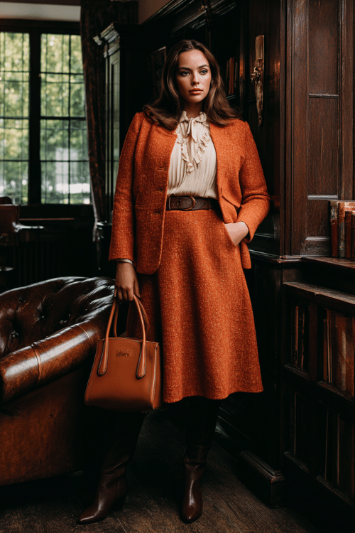 a plus-size woman in a rich burnt orange tweed skirt suit with a fitted jacket and A-line midi skirt, layered over a soft ivory silk blouse with delicate ruffle details