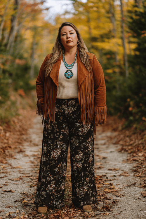 a plus-size woman in a rich cognac-toned faux suede fringe jacket layered over a cream waffle-knit top and wide-leg dark floral trousers