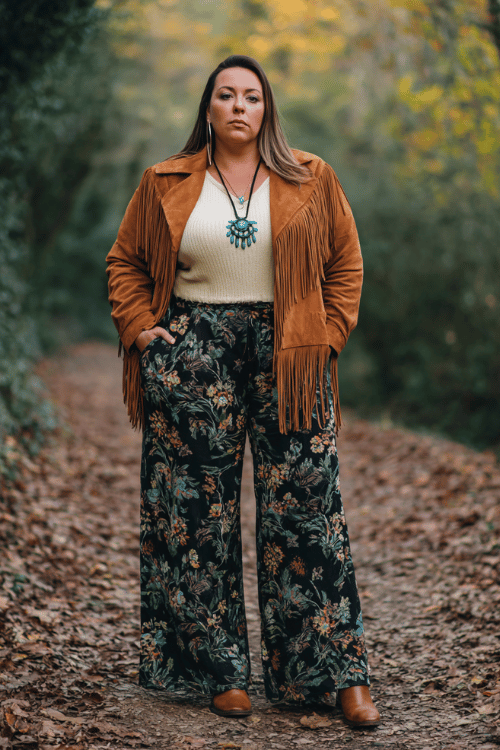 a plus-size woman in a rich cognac-toned faux suede fringe jacket layered over a cream waffle-knit top and wide-leg dark floral trousers