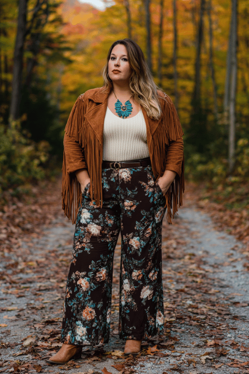 a plus-size woman in a rich cognac-toned faux suede fringe jacket layered over a cream waffle-knit top and wide-leg dark floral trousers