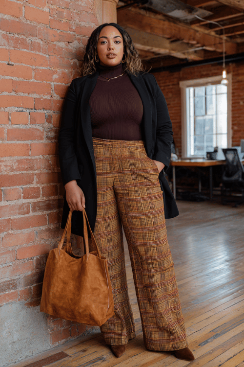 a plus-size woman in a rich mahogany ribbed turtleneck tucked into wide-leg trousers in a bold rust and camel plaid print, layered with a longline black blazer with structured shoulders 