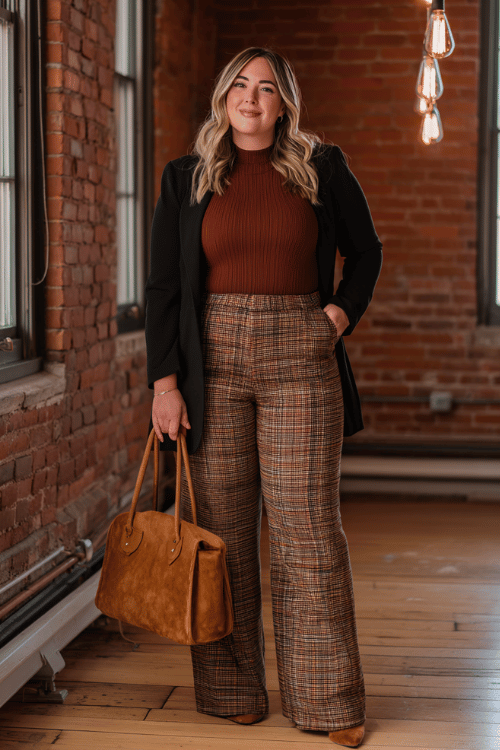 a plus-size woman in a rich mahogany ribbed turtleneck tucked into wide-leg trousers in a bold rust and camel plaid print, layered with a longline black blazer with structured shoulders