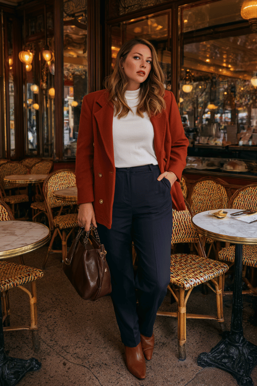 a plus-size woman in a rich terracotta ponte knit blazer with wide lapels and gold button details over a crisp white fitted turtleneck and tailored straight-leg trousers in deep navy