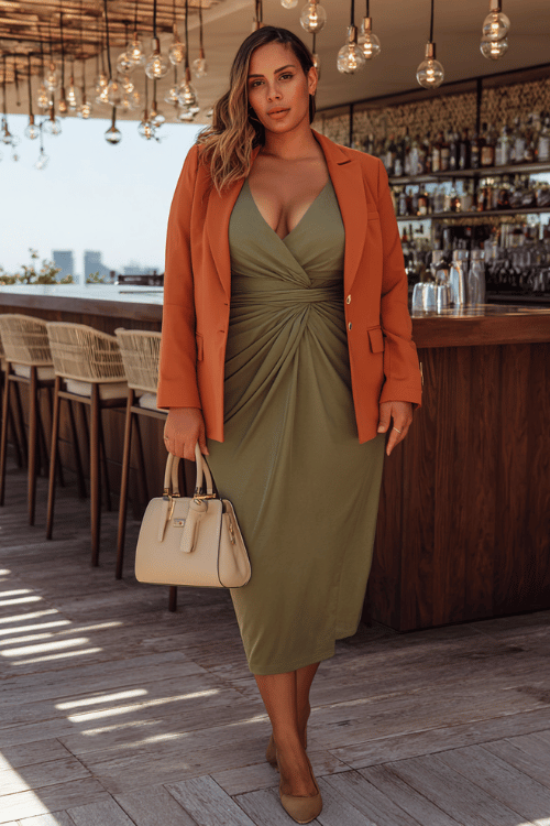 a plus-size woman in a sophisticated olive green midi wrap dress with a deep V-neckline and long flowing sleeves, layered with a tailored rust-orange blazer with oversized lapels 