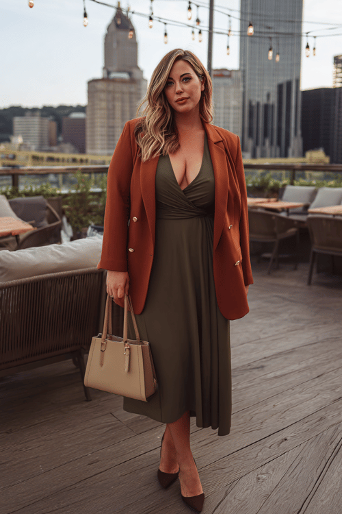 a plus-size woman in a sophisticated olive green midi wrap dress with a deep V-neckline and long flowing sleeves, layered with a tailored rust-orange blazer with oversized lapels and gold hardware
