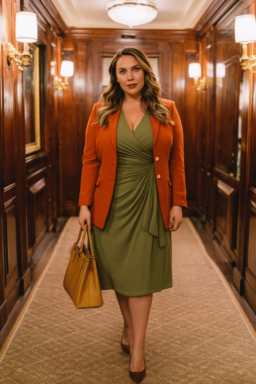 a plus-size woman in a sophisticated olive green wrap dress with long bishop sleeves and a graceful flattering midi length, layered with a tailored rust-orange blazer with gold button accents 
