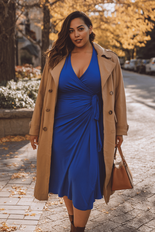 a plus-size woman in a striking cobalt blue long-sleeve wrap dress with a draped neckline and flattering midi length, layered with a well-fitted camel trench coat with gold button details 