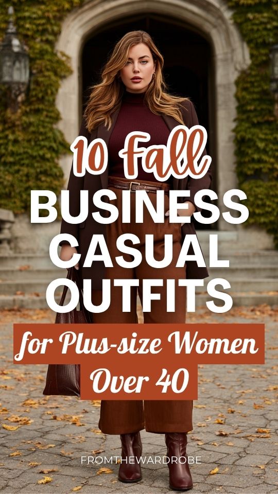 a plus-size woman over 40 wearing a fall business casual outfit with a brown blazer belted at the waist over a burgundy turtleneck and wide-leg trousers