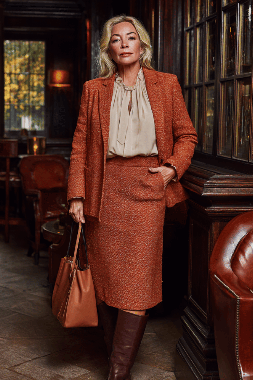 a plus-size woman over 50 wearing a rich burnt orange tweed skirt suit with a fitted jacket and A-line midi skirt, layered over a soft ivory silk blouse with delicate ruffle details 