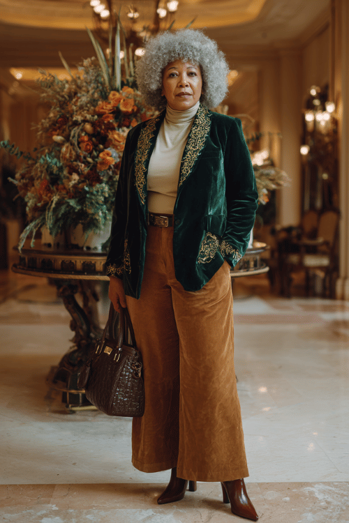a plus-size woman over 50 with a bold silver afro wearing a luxurious deep forest green velvet blazer with gold embroidered lapels over a crisp ivory turtleneck and wide-leg trousers 