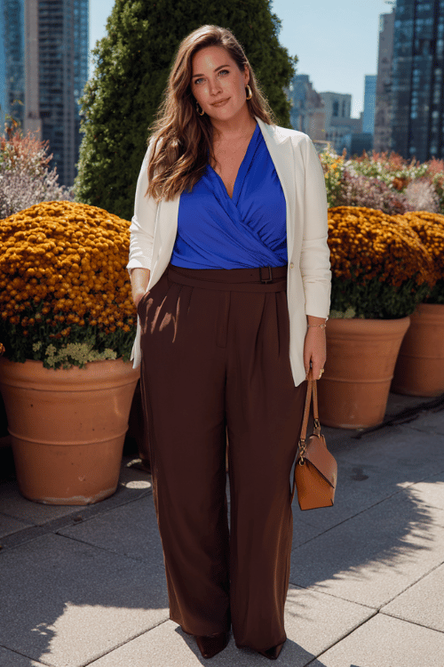 a plus-size woman wearing a bold cobalt blue wrap blouse tucked into tailored wide-leg trousers in warm chocolate brown, layered with a fitted ivory blazer with subtle gold button details