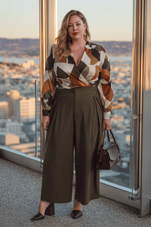 a plus-size woman wearing a bold geometric print wrap blouse in rust, ivory and olive tones tucked into high-waisted wide-leg trousers in deep forest green, layered with a blazer