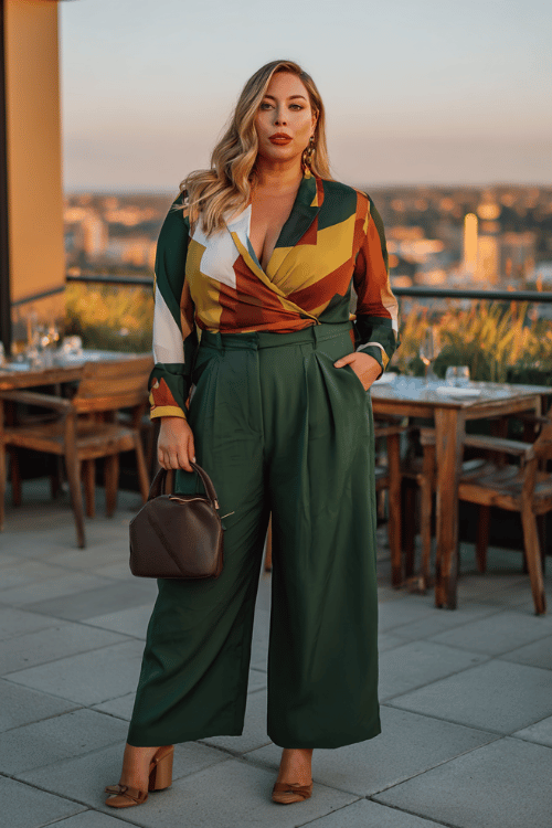 a plus-size woman wearing a bold geometric print wrap blouse in rust, ivory and olive tones tucked into high-waisted wide-leg trousers in deep forest green