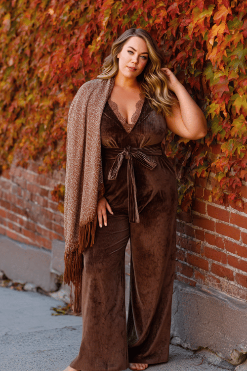 a plus-size woman wearing a chocolate brown velvet flare-leg jumpsuit with a lace insert neckline, tied with a wide woven belt, draped in a fringed blanket scarf in burnt sienna tones