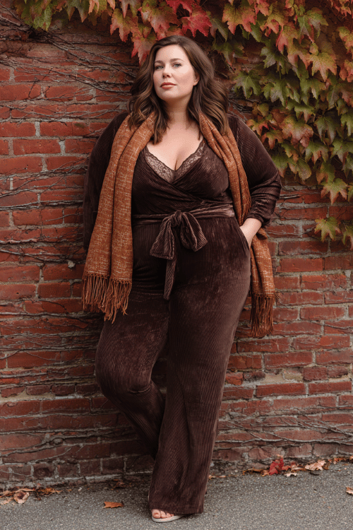 a plus-size woman wearing a chocolate brown velvet flare-leg jumpsuit with a lace insert neckline, tied with a wide woven belt, draped in a fringed blanket scarf in burnt sienna tones