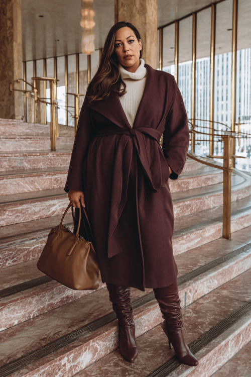 a plus-size woman wearing a dramatic deep wine-colored wrap coat dress with wide lapels, a cinched waist and sweeping midi length, layered over a soft ivory cashmere turtleneck