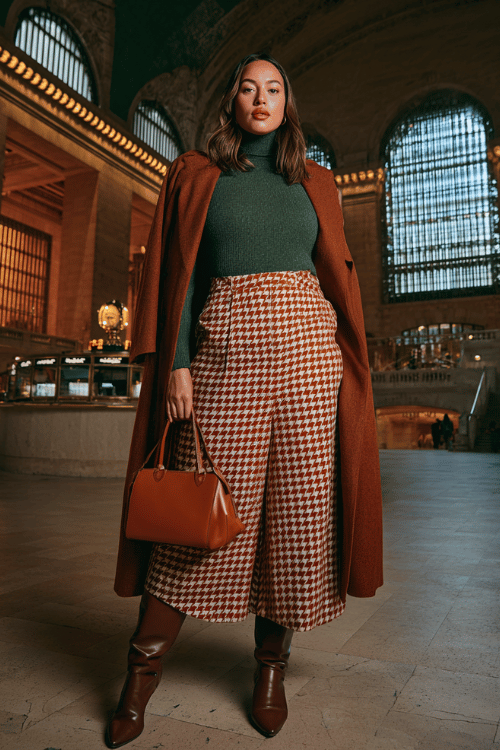 a plus-size woman wearing a luxurious deep forest green cashmere turtleneck tucked into a wide-leg skirt in bold rust and ivory houndstooth, layered with a longline caramel leather-look coat 
