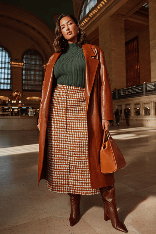 a plus-size woman wearing a luxurious deep forest green cashmere turtleneck tucked into a wide-leg skirt in bold rust and ivory houndstooth, layered with a longline caramel leather-look coat
